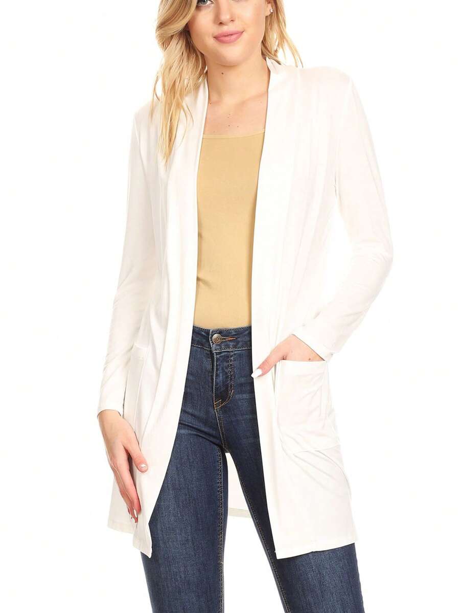 Classic Open Front Long Sleeve Cardigan With Side Pockets Plain Casual Pocket Daily - 象牙 - 查看 1