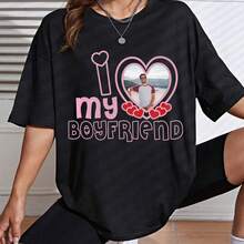 Customized "I Love My Boyfriend" Personalized Boyfriend Photo T-Shirt, Customize Your Own Personalized Girlfriend T-Shirt, Heart Gift For Girlfriend/Wife, Valentine's Day Gift, Customized Women's T-Shirt Shirt - Add Your Favorite Photo (Anniversary/Wedding Announcement/Engagement Announcement/The Day You Became A Couple) To Design Your Own Personalized Printed T-Shirt, Anniversary Gift, Valentine's Day, Birthday Gift, Minimalist - Black - View 3