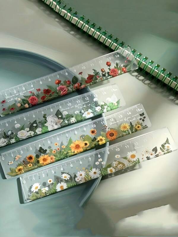 1 Piece Of Flower View Transparent Acrylic Ruler Multi Functional Creative Handbag Ruler Cartoon Student Stationery Acrylic Ruler Centimeter Ruler, Student Supplies, Office Supplies