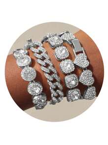 1 Stück/4 Stücke Hiphop Armband für Herren und Damen, rundes oder quadratisches Herz mit voll besetzten Strass, mehrlagige Ketten-Armband Set in Gold und Silber, funkelnde Eisenkette Metall Miami Armband Schmuck zum Valentinstag