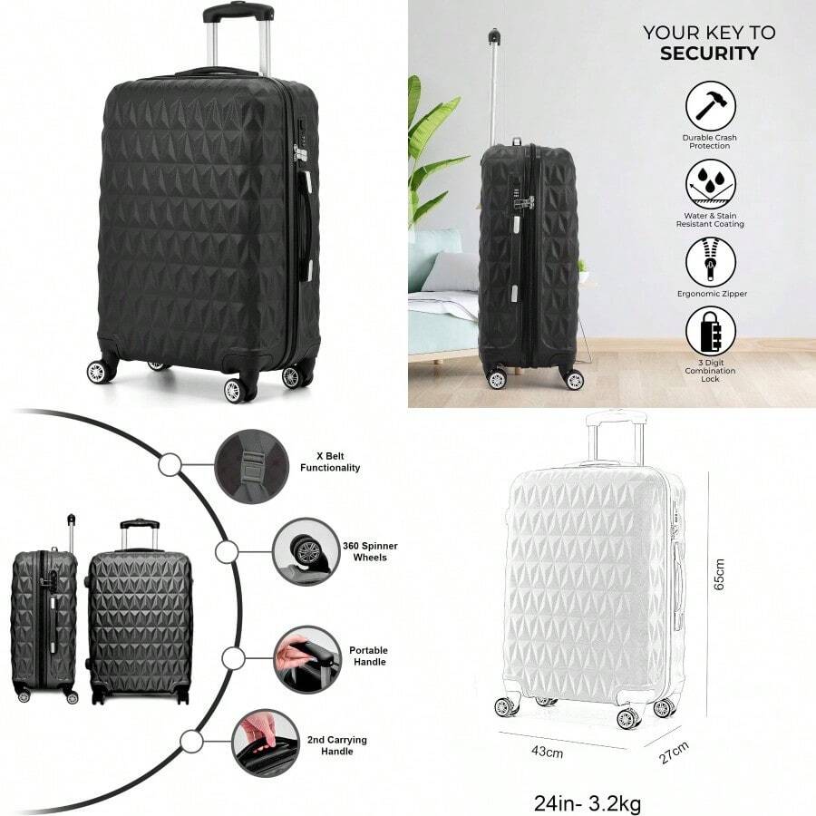 Lightweight 4 Wheel ABS Hard Shell Travel Trolley Luggage Suitcase Set Medium 24 Hold Check In Luggage Black - Black - View 1