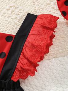 2pcs Baby Girl Summer New Ladybug Striped Full Print Backless Patchwork Lotus Leaf Lace Adjustable Shoulder Strap Dress&Sun Hat Set - Red - View 5