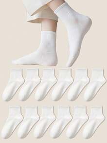 12 Pairs Women's Everyday Casual Solid Color Vertical Rib Moisture-Wicking Breathable Mid-Calf Socks - White - View 1