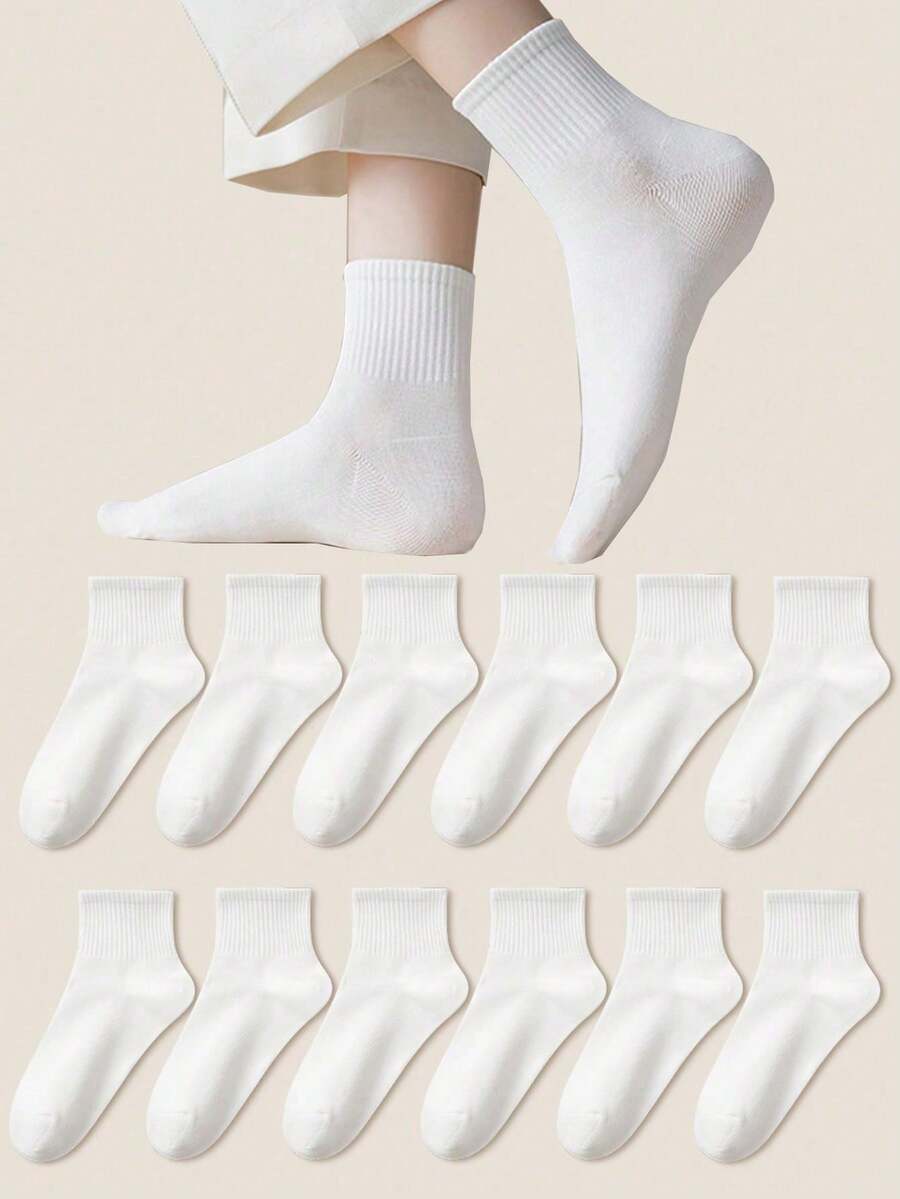 12 Pairs Women's Everyday Casual Solid Color Vertical Rib Moisture-Wicking Breathable Mid-Calf Socks - White - View 1