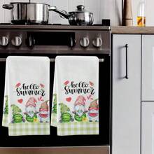 2 pièces Serviettes de toilette main gnome pastèque d'été, Serviette de cuisine rafraîchissante, Torchon, Gant de toilette, Serviette décorative pour les fêtes, Tissu doux et absorbant pour le séchage, Décoration de cuisine, Décoration de table à manger, Fournitures de cuisine, Décoration d'intérieur