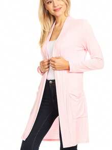 Classic Open Front Long Sleeve Cardigan With Side Pockets  Plain  Casual    Pocket      Daily - 粉色 - 查看 3