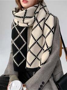1 件双面菱形格纹围巾，多功能针织仿羊绒男女通用围脖，适合冬季 - 黑白菱形格 - 查看 2