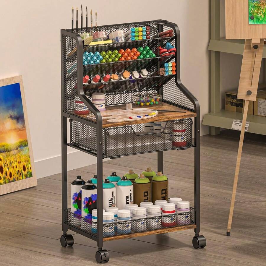 Small Rolling Utility Cart With Drawer, Metal Craft Storage Cart With Lockable Wheel, Versatile Art Organizer With 6 Tiers & Removable Dividers For Drawing Room, Store Paint & Artifact, Patent Pending - default - View 1