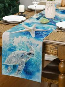 1pc Ocean Theme Turtle, Shell, Coral, Lighthouse Printed Table Runner, Kitchen Dining Room Decor, Holiday Decorative Table Runner, Home Party Decor, Home Decor, Scenic Decor, Outdoor Dining Table, Coffee Table Decorative Flag