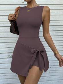 FWH 二合一防走光休闲优雅高尔夫网球无袖日常基本款新款时尚收腰高端修身性感紧身学院风露背紧身运动健身系腰瑜伽连衣裙 - 紫色 - 查看 7