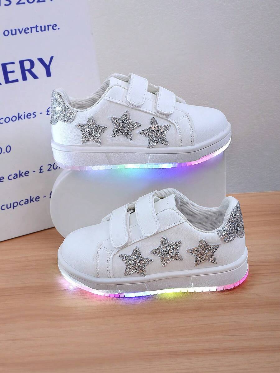 1 双可爱卡通 LED 发光皮革透气运动鞋，适合男孩和女孩 - 休闲、减震、防滑户外跑步和步行鞋，适合所有季节 - 白色 - 查看 1