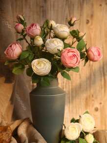 1 pièce Fleur artificielle réaliste en PU ressemblant à de la soie avec 4 fausses roses roses et blanches - Décoration de maison de style ferme moderne pour mariage, Pâques, fournitures de fête de printemps - Décoration de chambre, salon, jardin et mur de style vintage pour l'automne