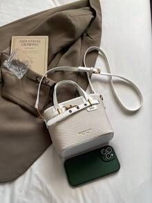 PU Leather Solid Color Mini Bucket Bag, Versatile Casual Handbag And Shoulder Bag - Beige - View 4