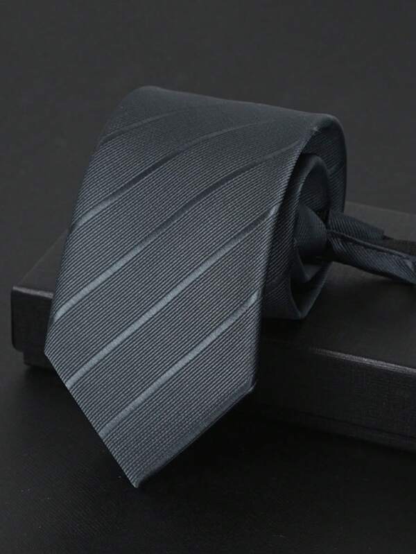 1pc 7CM Zipper Necktie, Groom Wedding Tie, Black & Gray Striped Suit Accessory Pre-Tied Necktie