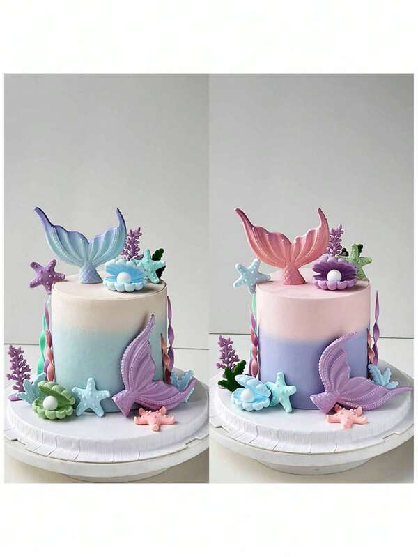 1 pezzo Decorazione per torta a forma di coda di sirena, Serie oceano, decorazione della torta a tema sirena fantasy, con inserti di alghe, coralli, conchiglie e stelle marine, adatto per decorare torte per battesimo, compleanno, baby shower o feste a tema sirena
