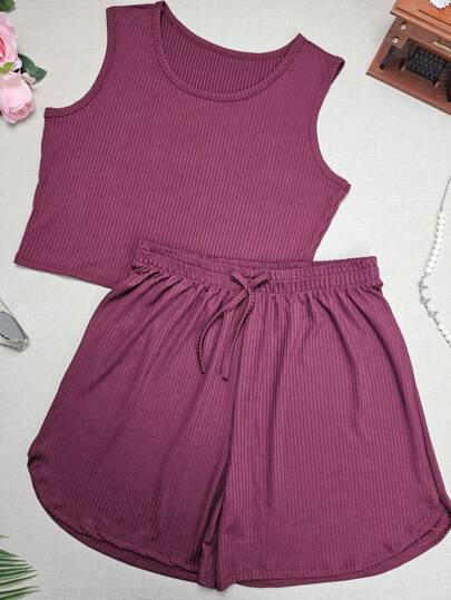 Conjunto Feminino plus size G1 Simples e Casual de Regata Cavada e Short Curto  Malha Canelada