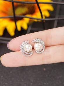 1 Pair Luxury Cubic Zirconia & Faux Pearl Stud Earrings For Women For Wedding Engagement Anniversary Party Jewelry Valentine's Day Gift - 1# - View 4