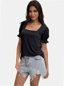 OUTBALL Women's Summer Tops Square Neck Ruffle Cuffs Casual Loose Shirt T Shirt Fashion Hundred Elegant Outing Tops - màu đen - Xem 2