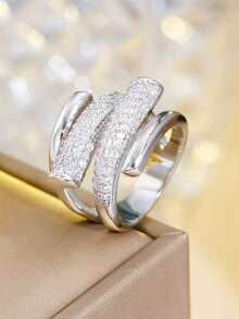 rakol 1pc Luxury Multi-Layer Cubic Zirconia Geometric Decor Open Ring, Suitable For Daily Wear