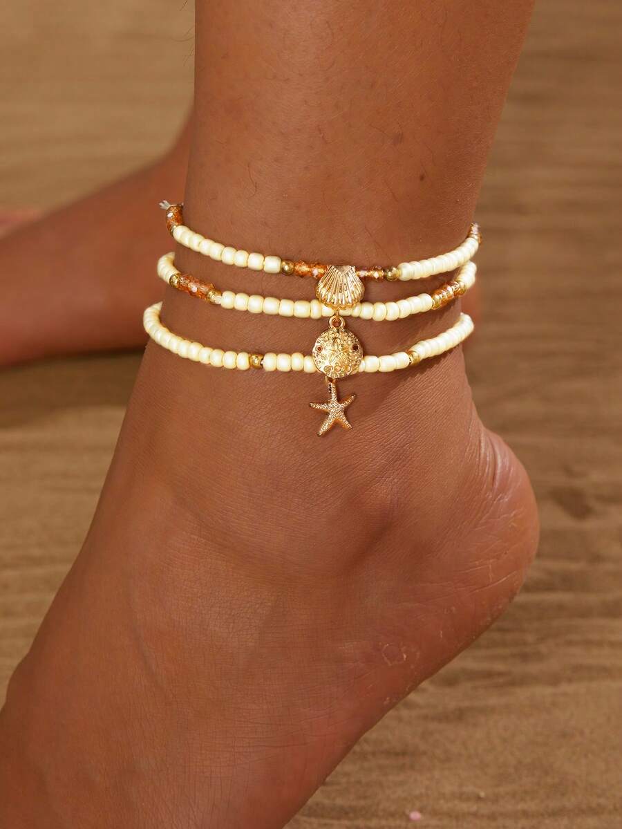 3pcs Summer Boho Starfish & Shell Crystal Beaded Anklets Set, Fashionable And Suitable For Daily Wear Or As Gift - Multicolor - View 1