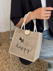 Bolsa feminina multifuncional com pequena bolsa de cosméticos, estampa fofa com abelhas e corações, bolsa grande e bolsa pequena, bolsa de linho, bolsa de armazenamento, sacola de compras com design de letras em estilo festivo, adequada para casamentos, aniversários, praias e feriados, bolsa de linho, bolsa de presente para o dia do professor, bolsa de armazenamento portátil leve e dobrável, bolsa simples, enfermeira, médica, bolsa de armazenamento de agradecimento ao professor, adequada para presente de mãe, cosméticos de viagem pessoal, sacola de compras