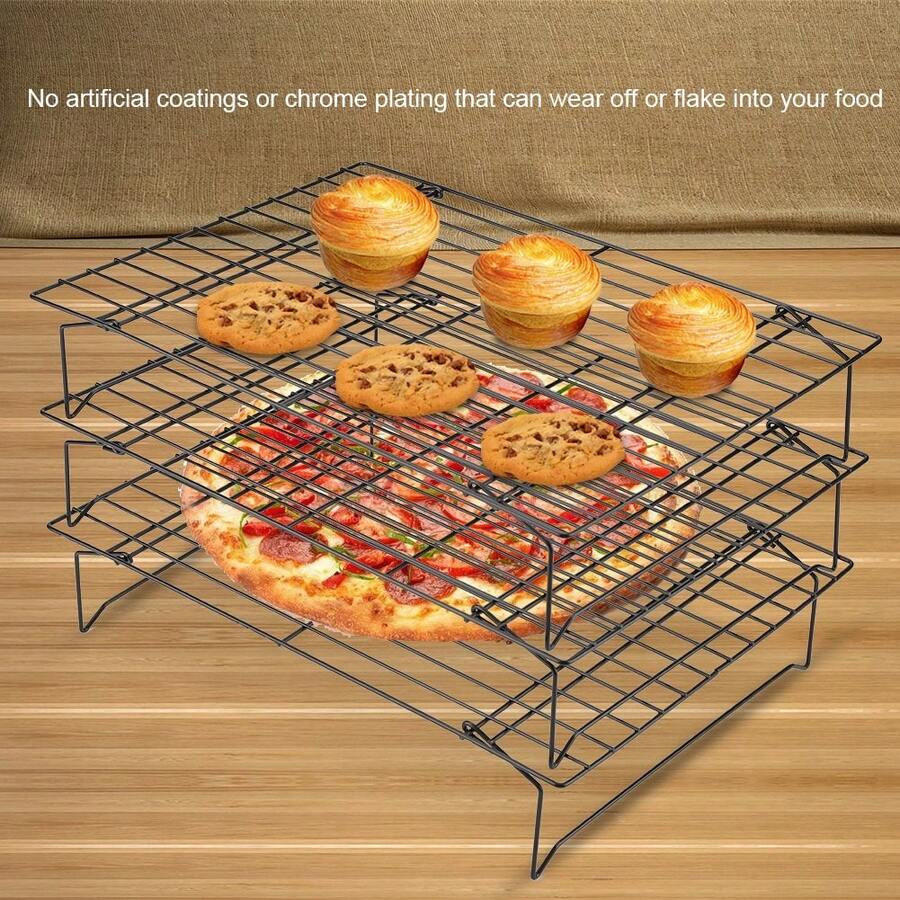 Cooling Rack, 3 Tier Carbon Steel Nonstick Wire Rack Cooling Oven Tray Baking Grilling Racks For Cake Cookie Bread, Collapsible & Expanded, 13.39 X 9.65 X 7.68 Inch - Black - View 1
