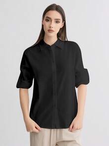 女士休闲单色亚麻衬衫 - 黑色 - 查看 1