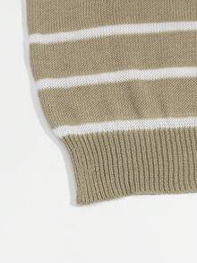 男女通用休闲宽松圆领短袖条纹针织套头衫，春夏款 - 駝色 - 查看 6