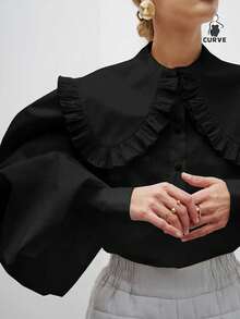 Áo sơ mi nữ cỡ lớn ELVA màu đen trơn cổ Peter Pan cài cúc phía trước, tay dài, thích hợp mặc hàng ngày, đi học, ngày Valentine, năm mới, đi sân bay, mùa xuân. - màu đen - Xem 7