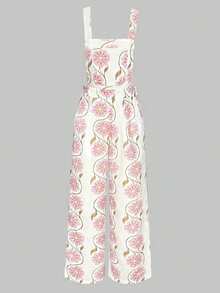 Pantalon salopette imprimé floral de style Mori Girl, confortable et décontracté. Article de mode minimaliste et élégant - Rose bonbon - Voir 1