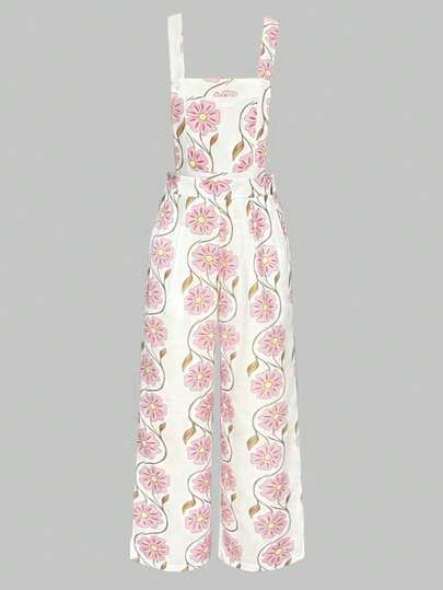 Mori-Mädchen Stil Blumen Muster bequeme Latz Hose, minimalistisch und elegantes Modeartikel