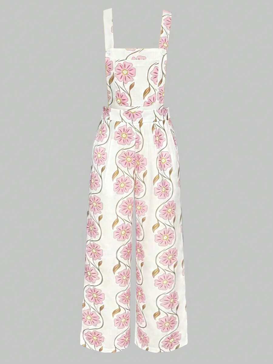 Pantalon salopette imprimé floral de style Mori Girl, confortable et décontracté. Article de mode minimaliste et élégant - Rose bonbon - Voir 1