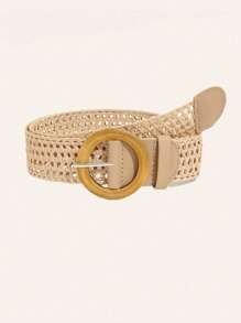 1pc/2pcs Plus Size Bohemian Round Wooden Buckle Hollow Out Straw Waist Belt, Suitable For Dresses, Beach Vacation, Party