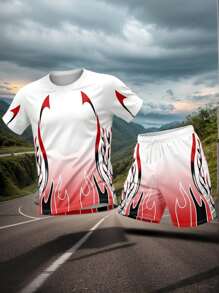 Men 2pcs/Set Ombre Flame Printed Short Sleeve T-Shirt And Shorts Set