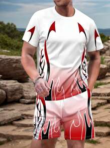 Men 2pcs/Set Ombre Flame Printed Short Sleeve T-Shirt And Shorts Set