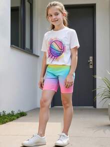 2pcs/Set Older Girls' Summer Short Sleeve T-Shirt And Rainbow Gradient Shorts, Fashion Basketball Print Casual Outfit