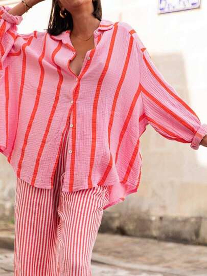 Blusa suelta a rayas rosa para mujer, cárdigan elegante, adecuado para ir al trabajo, moda, uso diario, salida del Día de San Valentín, estilo dulce, primavera/verano