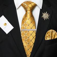 1/2/3/4/5 件男士金色格子真丝领带套装，格纹缎面真丝领带，口袋巾，袖扣，银色领带夹和各种别针（星星，飞机，音符，闪电），男士的理想礼物，适用于婚礼，商务，正式，约会之夜，宴会，婚纱摄影，毕业典礼 - 金色 - 查看 3