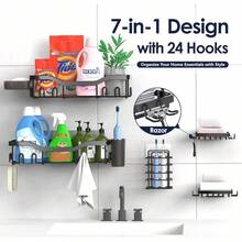 Shower Caddy Adhesive Shower Organizer 7-Pack, Rustproof Stainless Steel Bathroom Shelves, Large Capacity No-Drill Rack Storage Accessories With Soap Dish Toothbrush Holder &24 Hooks Home Decor - 黑色 - 查看 5