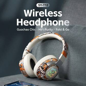 Reletech 新款 T12 涂鸦头戴式蓝牙耳机 酷炫风格/LED 照明/游戏无传感器延迟/全包耳塞/可用作生日礼物/户外游戏等