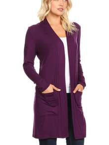 Classic Open Front Long Sleeve Cardigan With Side Pockets  Plain  Casual    Pocket      Daily - 李子 - 查看 2