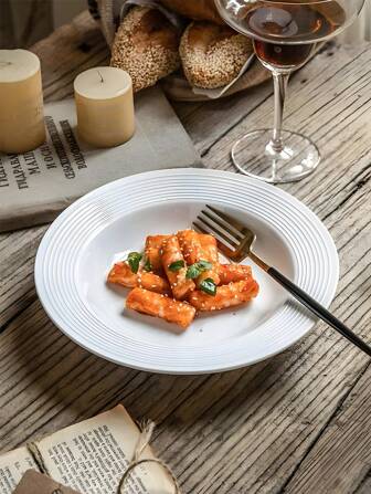 1pc Elegant Ceramic Dinner Plate With Textured Rim, Suitable For Restaurant/Home Dining, Salad, Pasta Serving, High-Quality And Practical Tableware