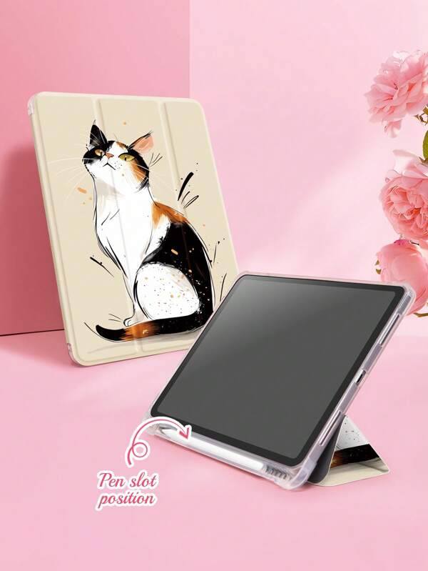 One Piece Cute With Pen Slot Painted Transparent Drop Proof Back Protective Case, Kitten Pattern Tri-Fold Stand Case, Support Hibernate Wake Up Compatible With IPad And Galaxy Tab