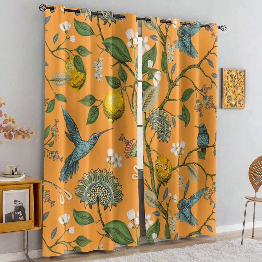 Topfinel Mustard Yellow Vintage Curtain And Drape, 84 Inches Long, Ring Top Luxury Imaginative Floral Lemon Hummingbird Pattern Waverly Mid-Century Multicolor Blackout Curtains For Living Room Bedroom - Multicolor - View 1