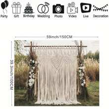 1pc2D Bohemian Outdoor Wedding Theme Beige Floral Handmade Tassel Pattern Background Fabric For Outdoor Wedding Party Decoration Banner Photography Background Vinyl