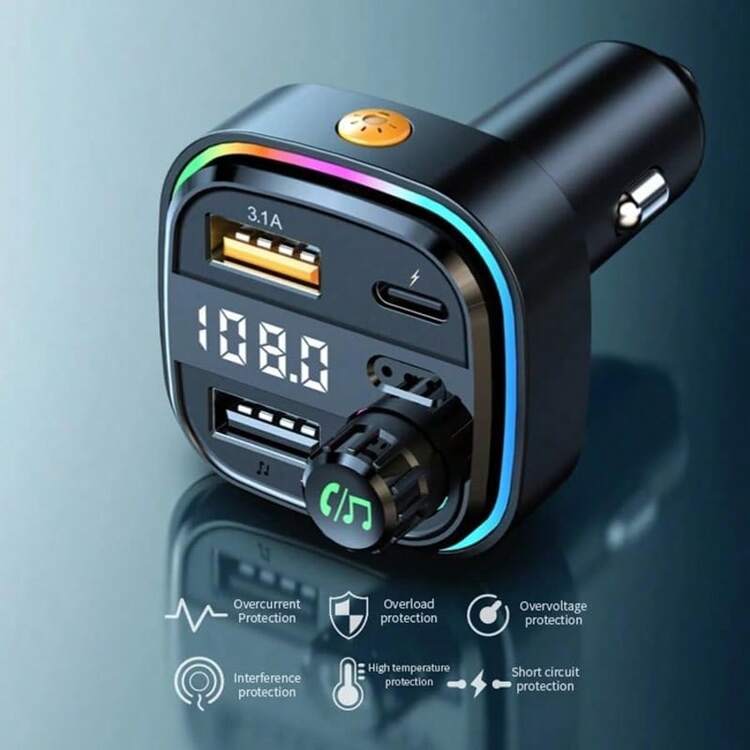 调频发射器 - 蓝牙发射器汽车音响 - 蓝牙调频发射器 - 2 个 USB 端口、1 个 USB C 端口、车载充电器、快速充电汽车配件 - 黑色 - 查看 3