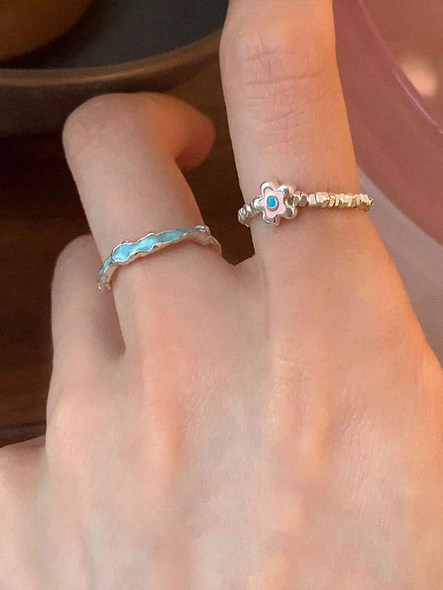 2 件时尚花朵串珠装饰戒指套装，适合女性日常佩戴 - 彩色 - 查看 1