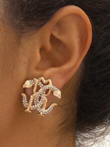 1 Pair Fashionable Punk Style Metal Alloy Rhinestone Snake Shaped Double Snake C Type Stud Earrings, Essential Jewelry For Women Daily, Parties, Travel And Social Gatherings