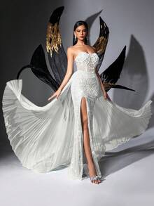 Đầm dạ hội LUVISTRUE Glamorous Goddess đính sequin lấp lánh, sang trọng dành cho nữ, phù hợp cho thảm đỏ, tiệc sinh nhật, dạ hội tốt nghiệp, tiệc gala, dạ hội từ thiện, lễ trao giải, màu trơn, không dây vai, chất liệu lưới, thắt eo, xẻ tà. - trắng - Xem 2