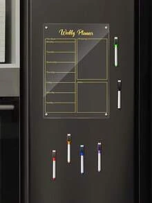 1 st. magnetisk whiteboardtavla i transparent akryl, veckokalender, Gold Line, raderbar magnetisk kylskåpsklistermärke (levereras med 6 whiteboardpennor i slumpmässig färg) - Guld - Visa 2